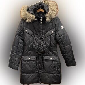 Coogi Women's Black Quilted Coat with Fur Zip off Hood